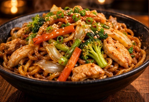 Yakisoba em fotografia gastronômica premium